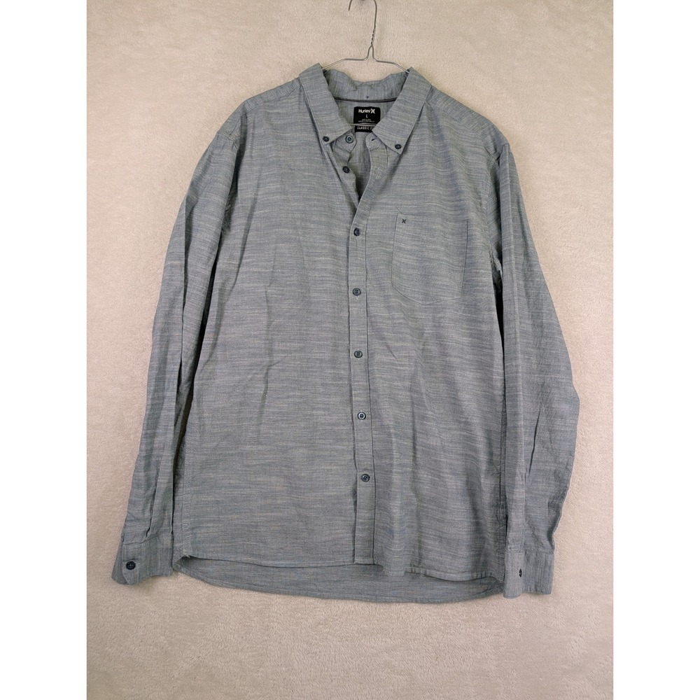 Hurley Mens Large Classic Fit Long Sleeve Button Down Shirt Blue Gray C1811